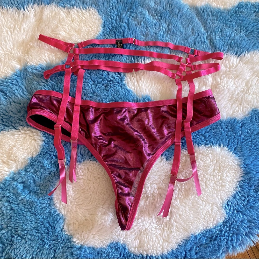 Dolls Kill Horoscopez Hot Pink Mesh Thong Underwear w Garter Belt